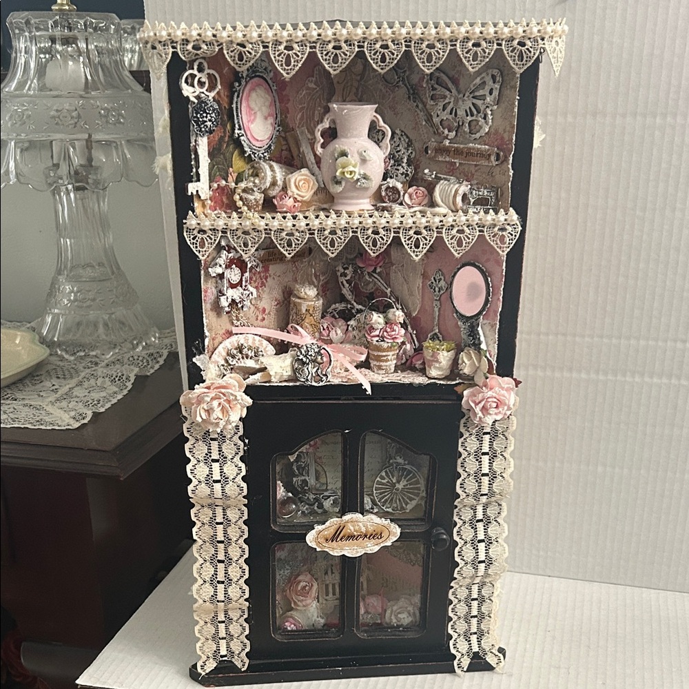 Handmade Victorian Miniature Decorative Cabinet Shadowbox with Lace Accents